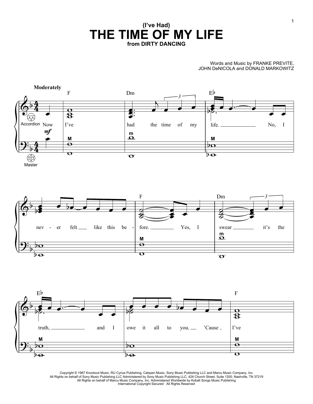 Bill Medley & Jennifer Warnes (I've Had) The Time Of My Life (from Dirty Dancing) Sheet Music Notes & Chords for Accordion - Download or Print PDF
