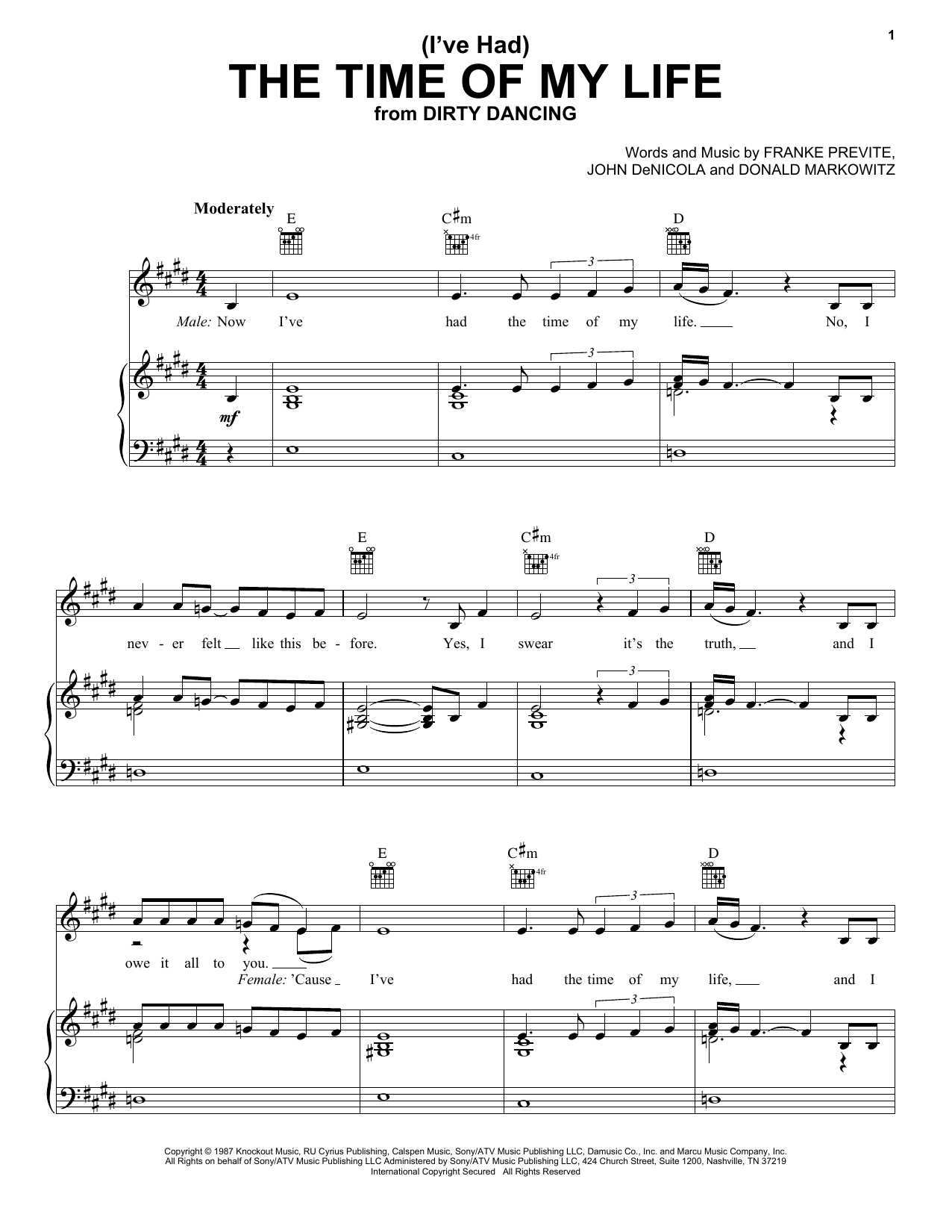 Bill Medley & Jennifer Warnes (I've Had) The Time Of My Life Sheet Music Notes & Chords for Piano, Vocal & Guitar (Right-Hand Melody) - Download or Print PDF