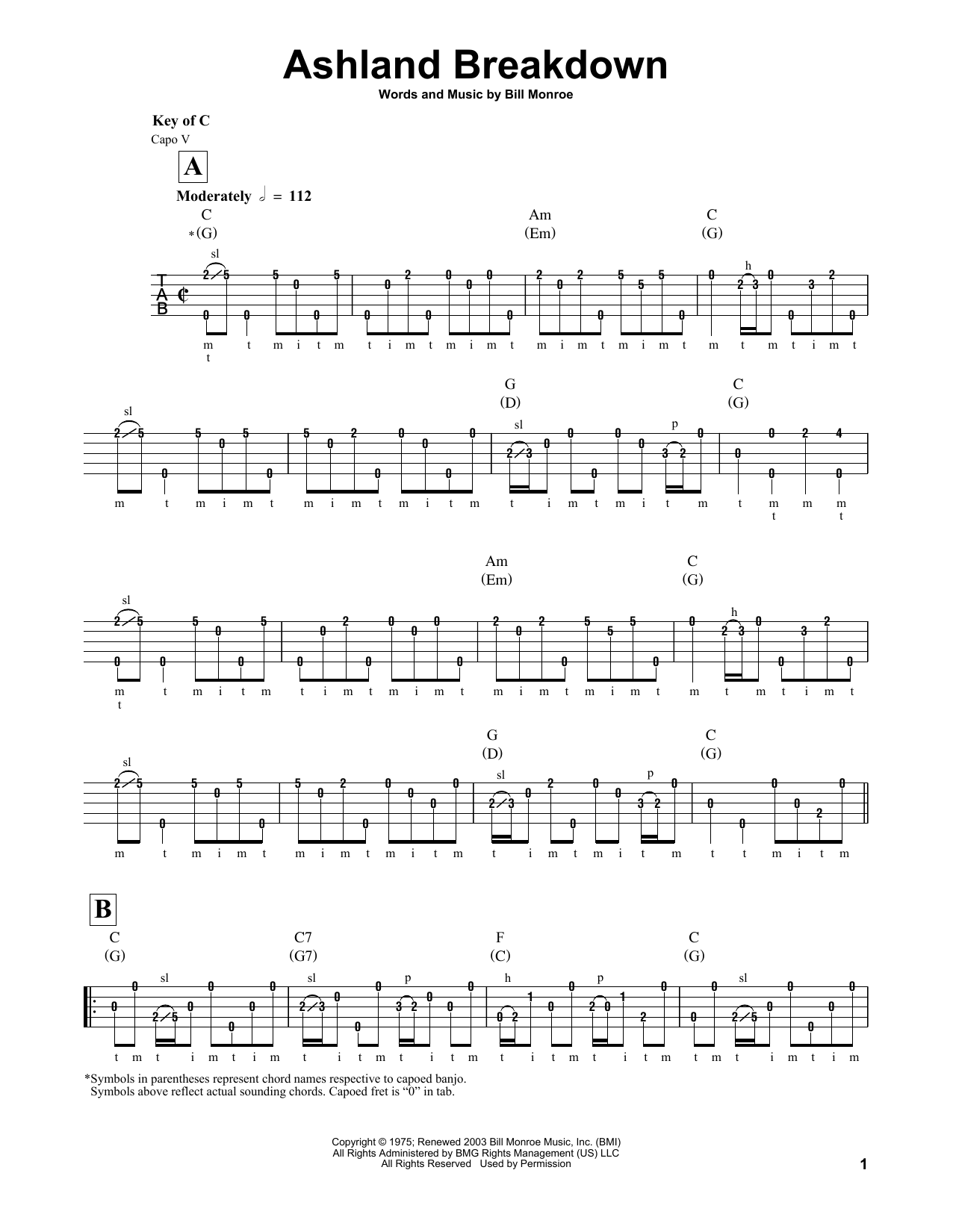 Bill Monroe Ashland Breakdown Sheet Music Notes & Chords for Banjo - Download or Print PDF