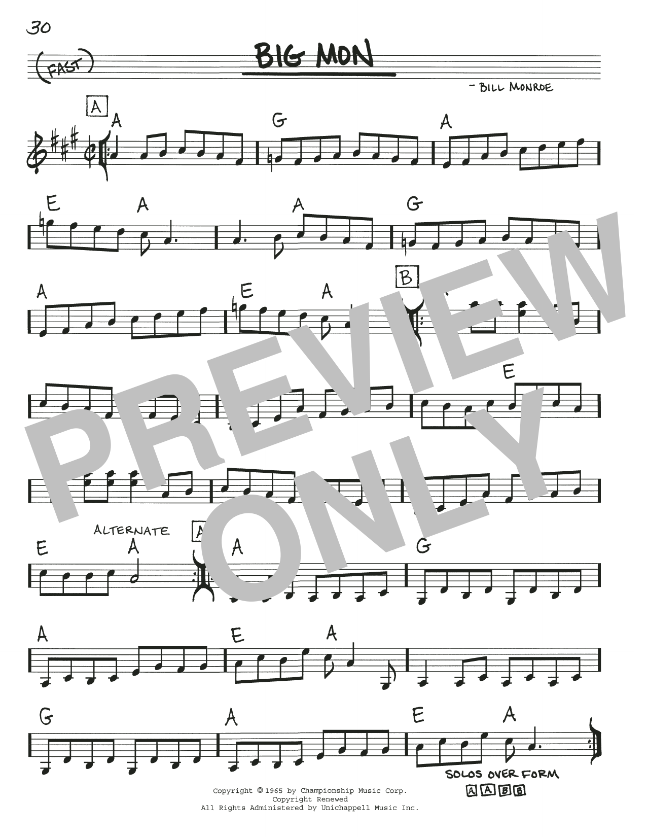Bill Monroe Big Mon Sheet Music Notes & Chords for Real Book – Melody, Lyrics & Chords - Download or Print PDF