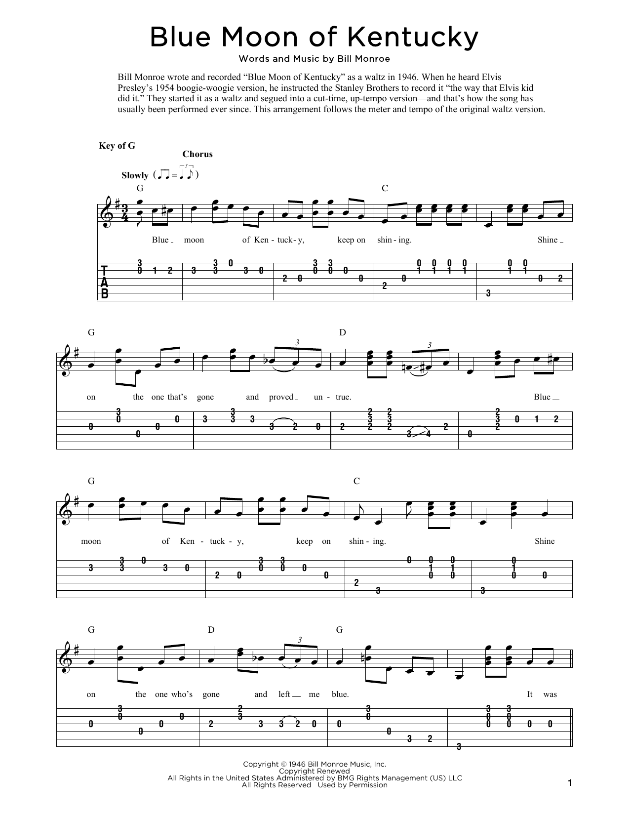 Bill Monroe Blue Moon Of Kentucky (arr. Fred Sokolow) Sheet Music Notes & Chords for Solo Guitar Tab - Download or Print PDF