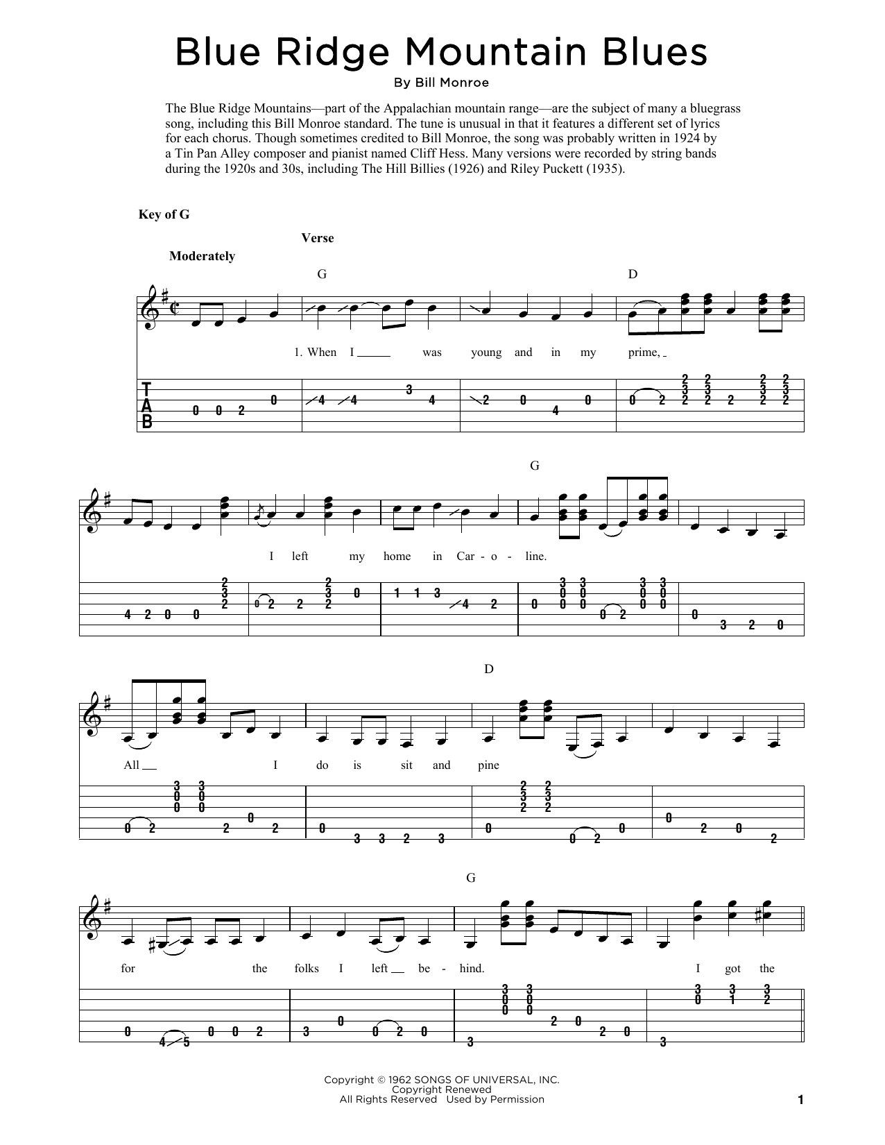 Bill Monroe Blue Ridge Mountain Blues (arr. Fred Sokolow) Sheet Music Notes & Chords for Solo Guitar Tab - Download or Print PDF