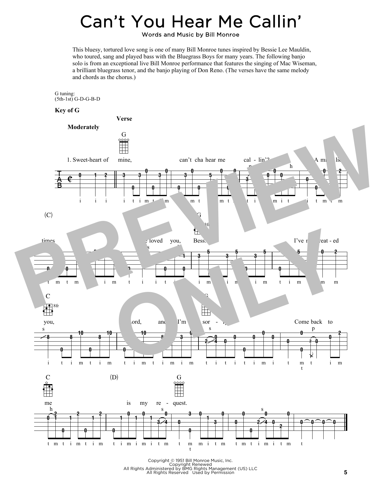 Bill Monroe Can't You Hear Me Callin' (arr. Fred Sokolow) Sheet Music Notes & Chords for Banjo Tab - Download or Print PDF