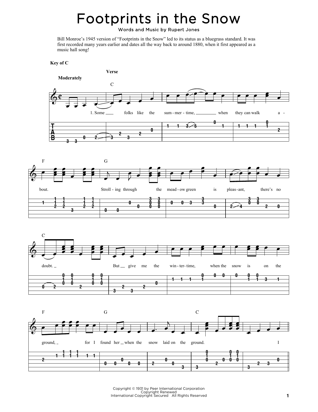 Bill Monroe Footprints In The Snow (arr. Fred Sokolow) Sheet Music Notes & Chords for Solo Guitar Tab - Download or Print PDF