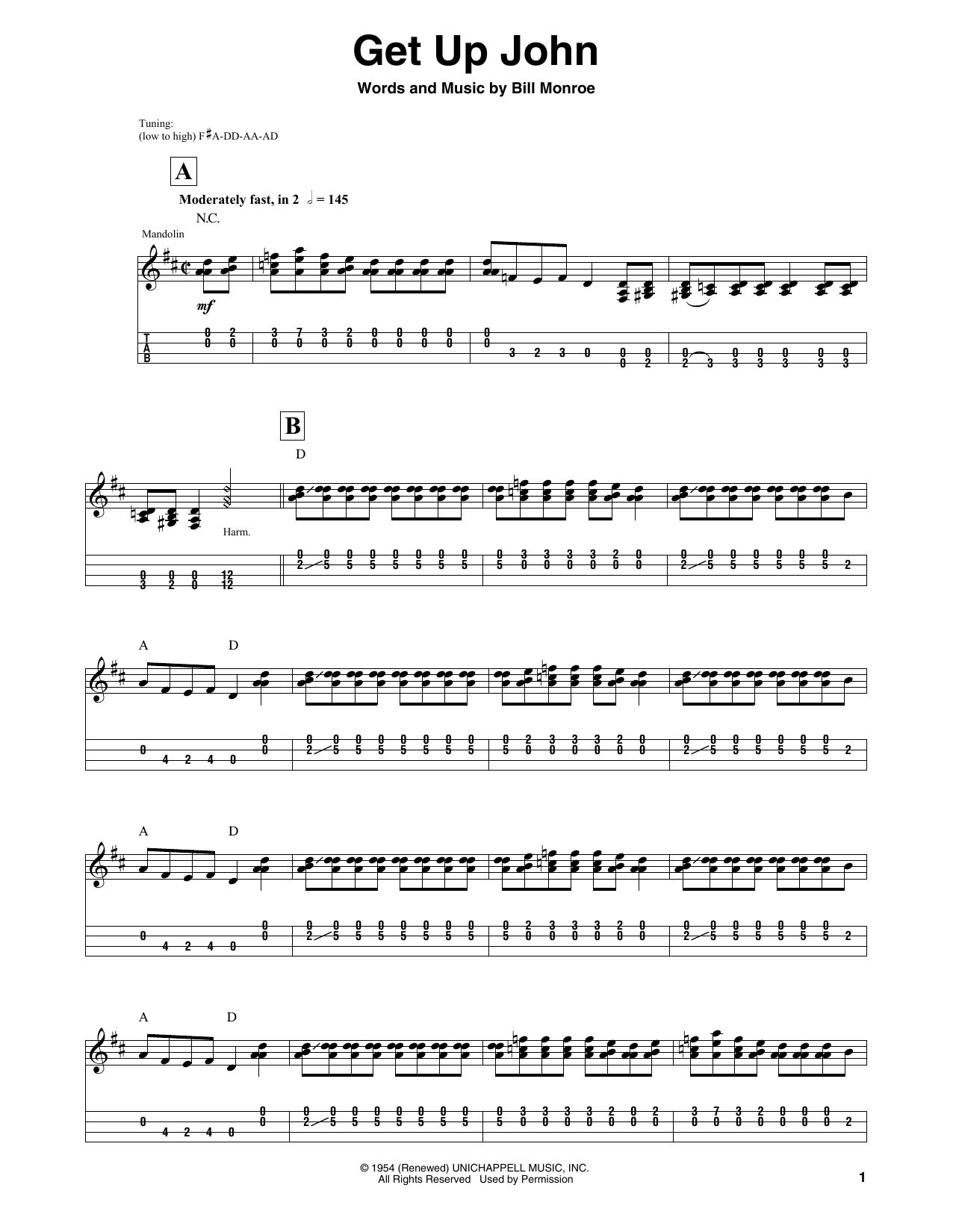 Bill Monroe Get Up John Sheet Music Notes & Chords for Mandolin Tab - Download or Print PDF