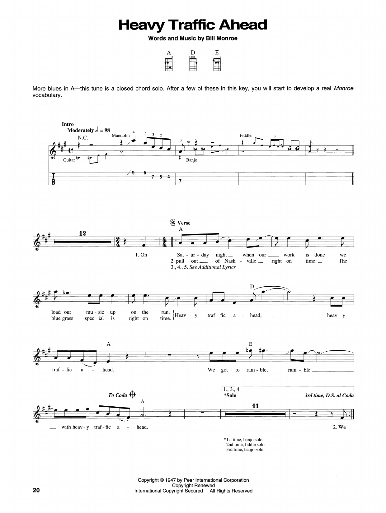 Bill Monroe Heavy Traffic Ahead Sheet Music Notes & Chords for Mandolin - Download or Print PDF