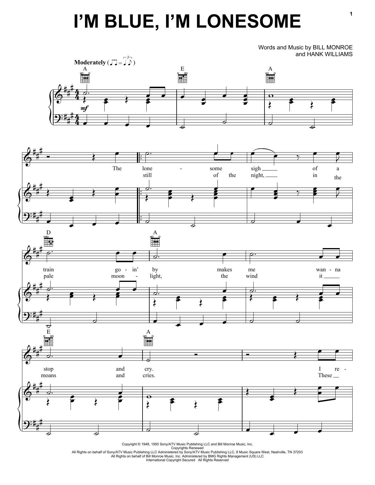 Bill Monroe I'm Blue, I'm Lonesome Sheet Music Notes & Chords for Piano, Vocal & Guitar (Right-Hand Melody) - Download or Print PDF