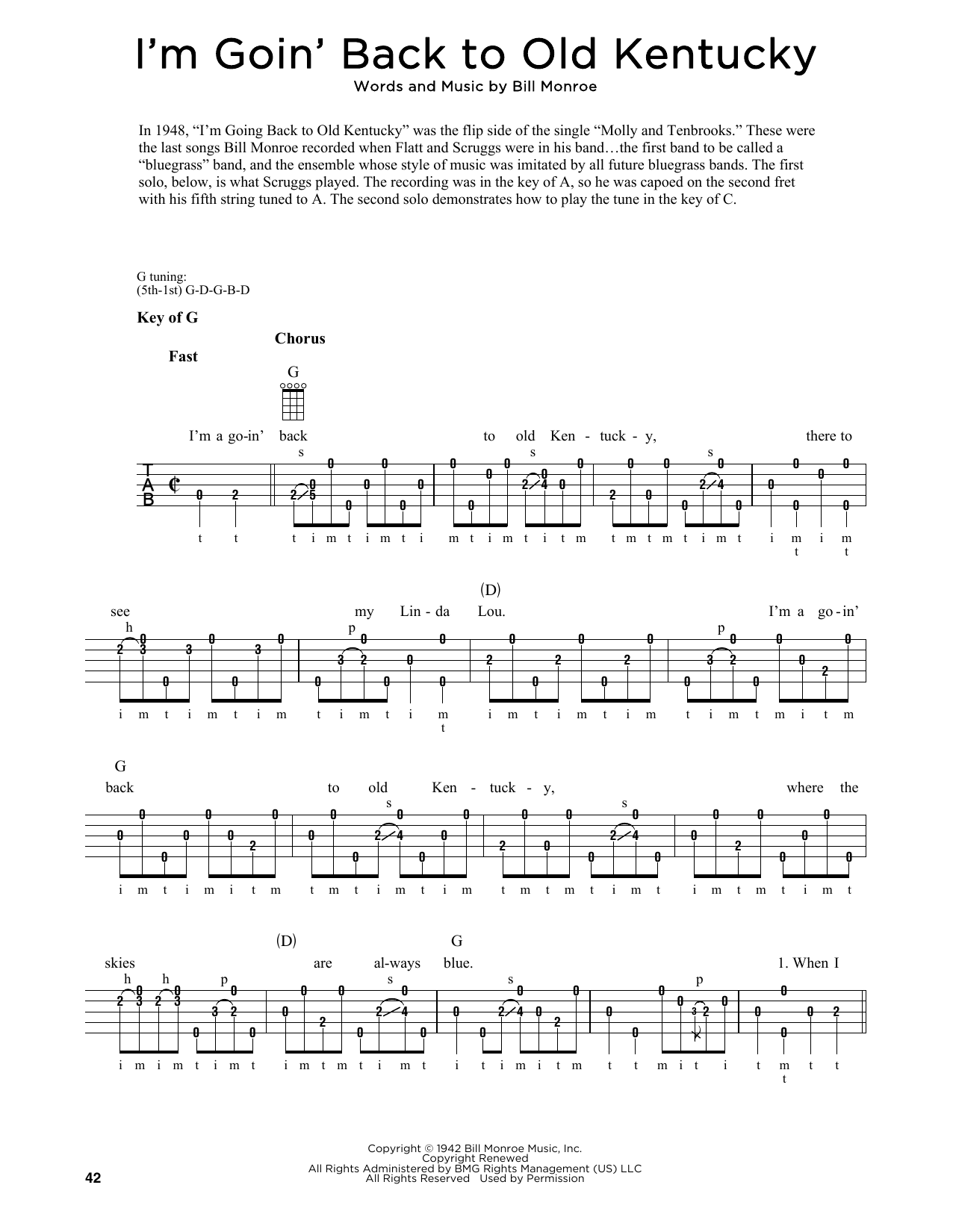 Bill Monroe I'm Goin' Back To Old Kentucky (arr. Fred Sokolow) Sheet Music Notes & Chords for Banjo Tab - Download or Print PDF