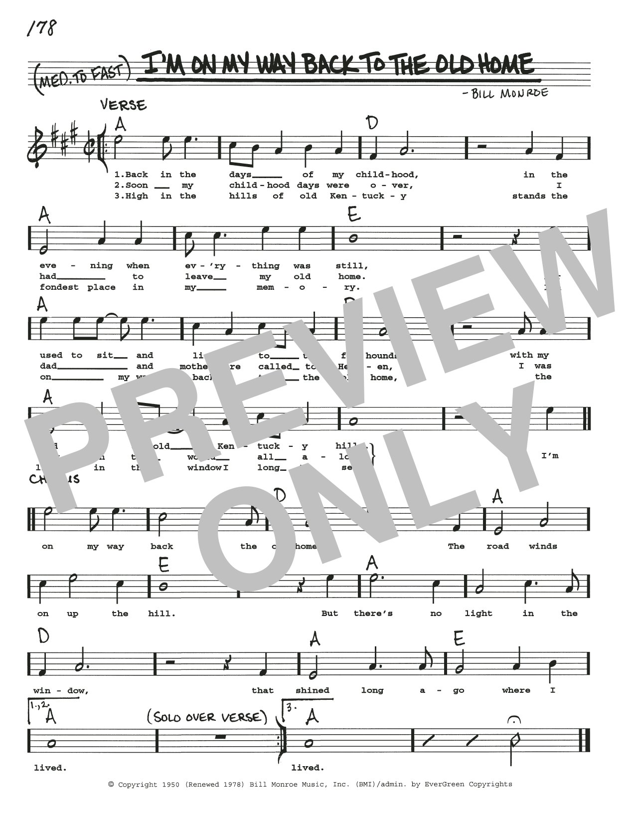 Bill Monroe I'm On My Way Back To The Old Home Sheet Music Notes & Chords for Real Book – Melody, Lyrics & Chords - Download or Print PDF
