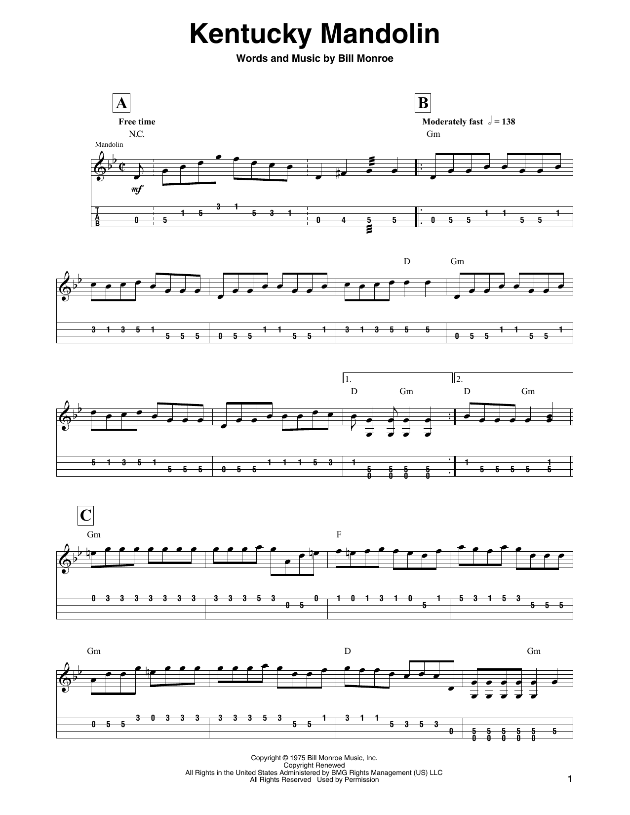 Bill Monroe Kentucky Mandolin Sheet Music Notes & Chords for Mandolin Tab - Download or Print PDF