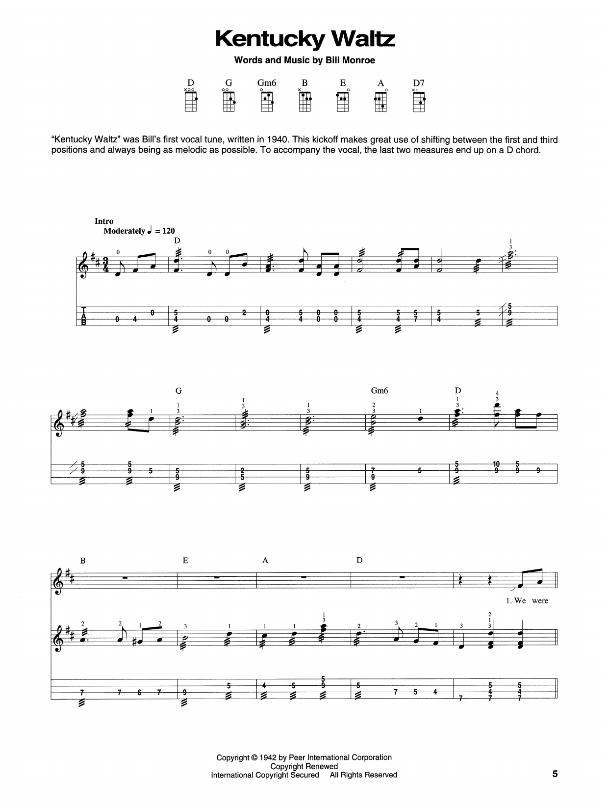 Bill Monroe Kentucky Waltz Sheet Music Notes & Chords for Mandolin - Download or Print PDF