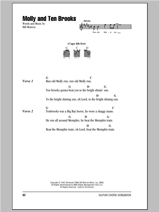 Bill Monroe Molly And Ten Brooks Sheet Music Notes & Chords for Lyrics & Chords - Download or Print PDF