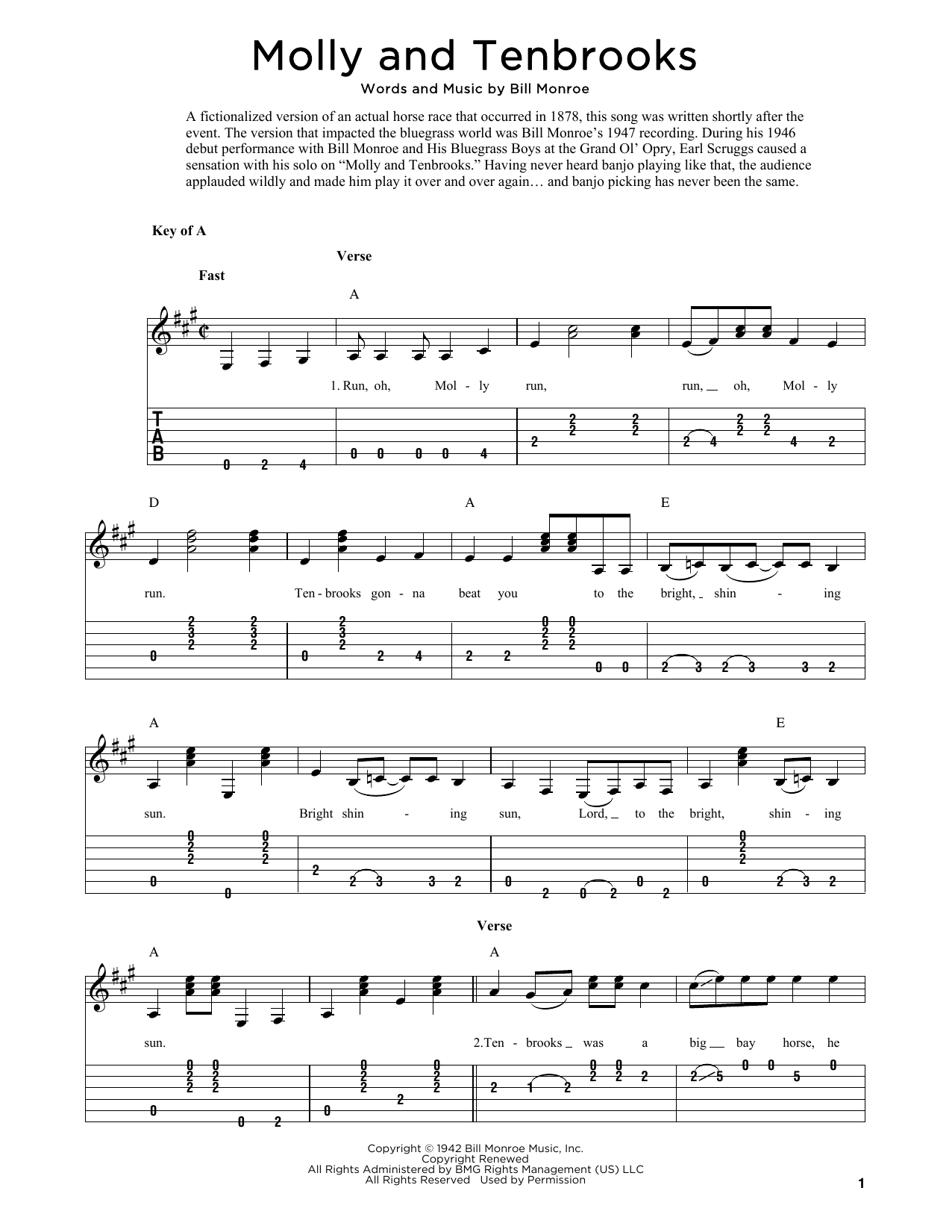 Bill Monroe Molly And Tenbrooks (arr. Fred Sokolow) Sheet Music Notes & Chords for Mandolin - Download or Print PDF