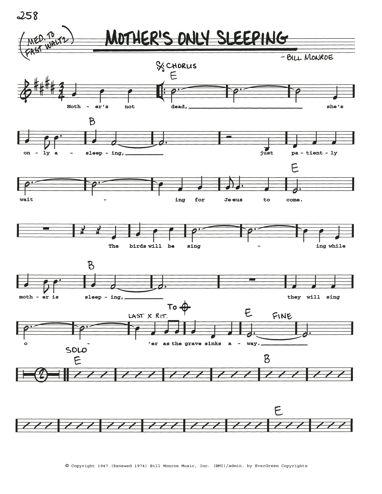 Bill Monroe Mother's Only Sleeping Sheet Music Notes & Chords for Real Book – Melody, Lyrics & Chords - Download or Print PDF