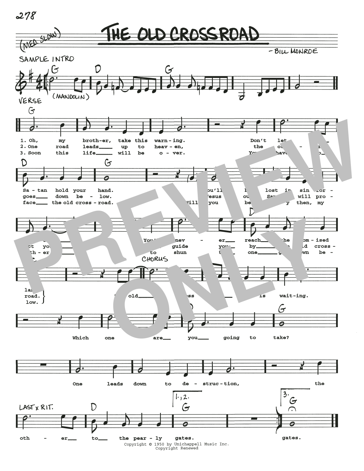 Bill Monroe Old Crossroad Is Waitin' Sheet Music Notes & Chords for Real Book – Melody, Lyrics & Chords - Download or Print PDF