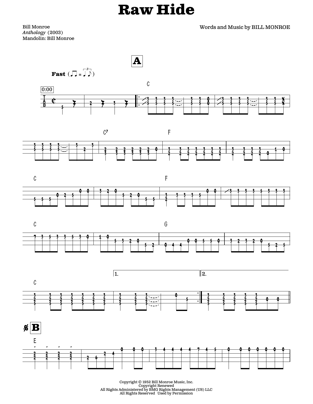 Bill Monroe Raw Hide (arr. Fred Sokolow) Sheet Music Notes & Chords for Mandolin - Download or Print PDF