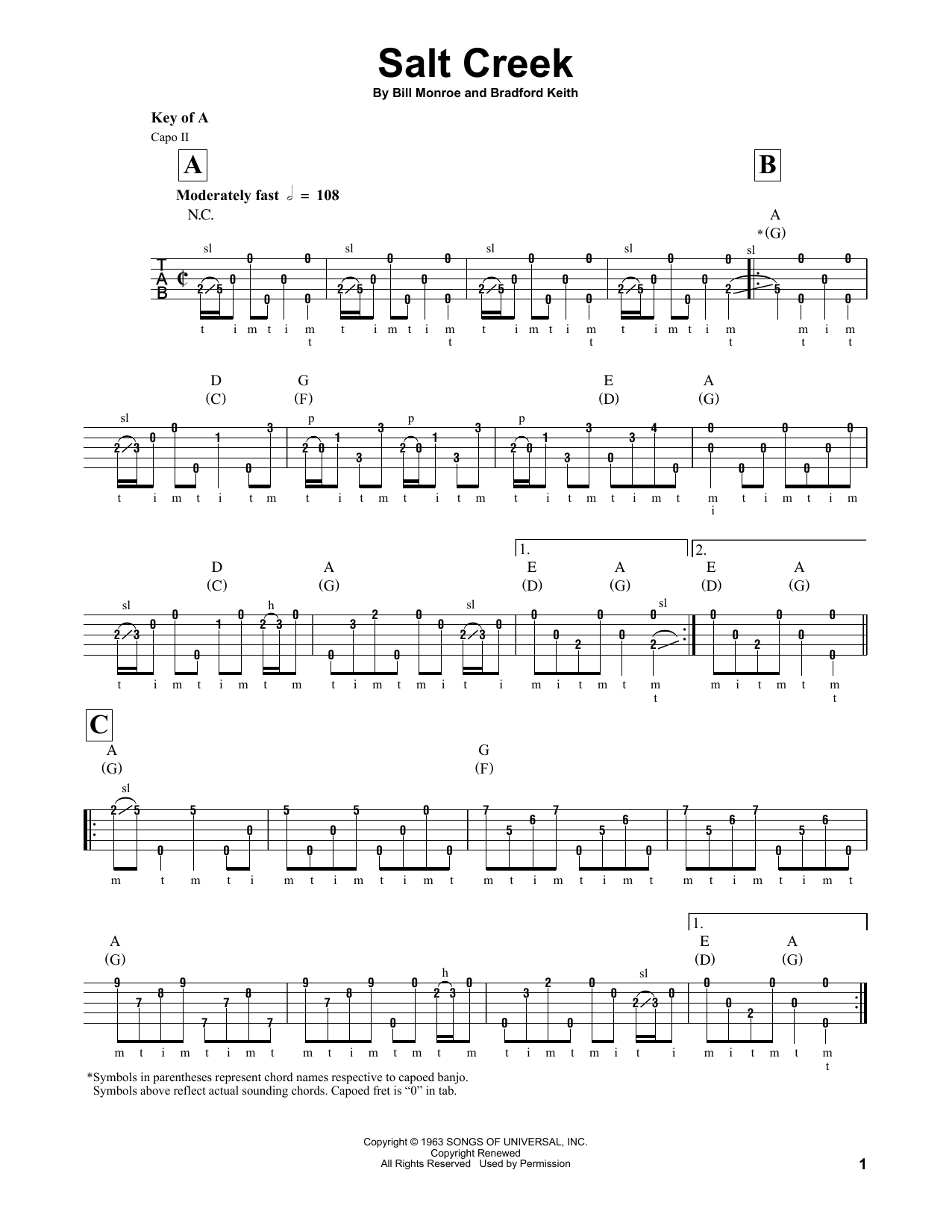 Bill Monroe Salt Creek Sheet Music Notes & Chords for Banjo - Download or Print PDF