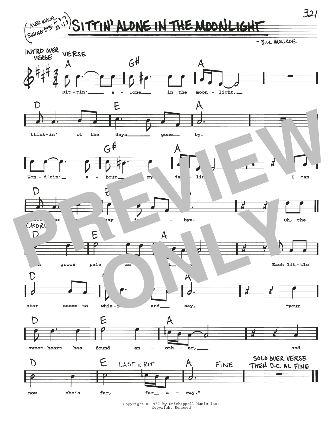 Bill Monroe Sittin' Alone In The Moonlight Sheet Music Notes & Chords for Real Book – Melody, Lyrics & Chords - Download or Print PDF