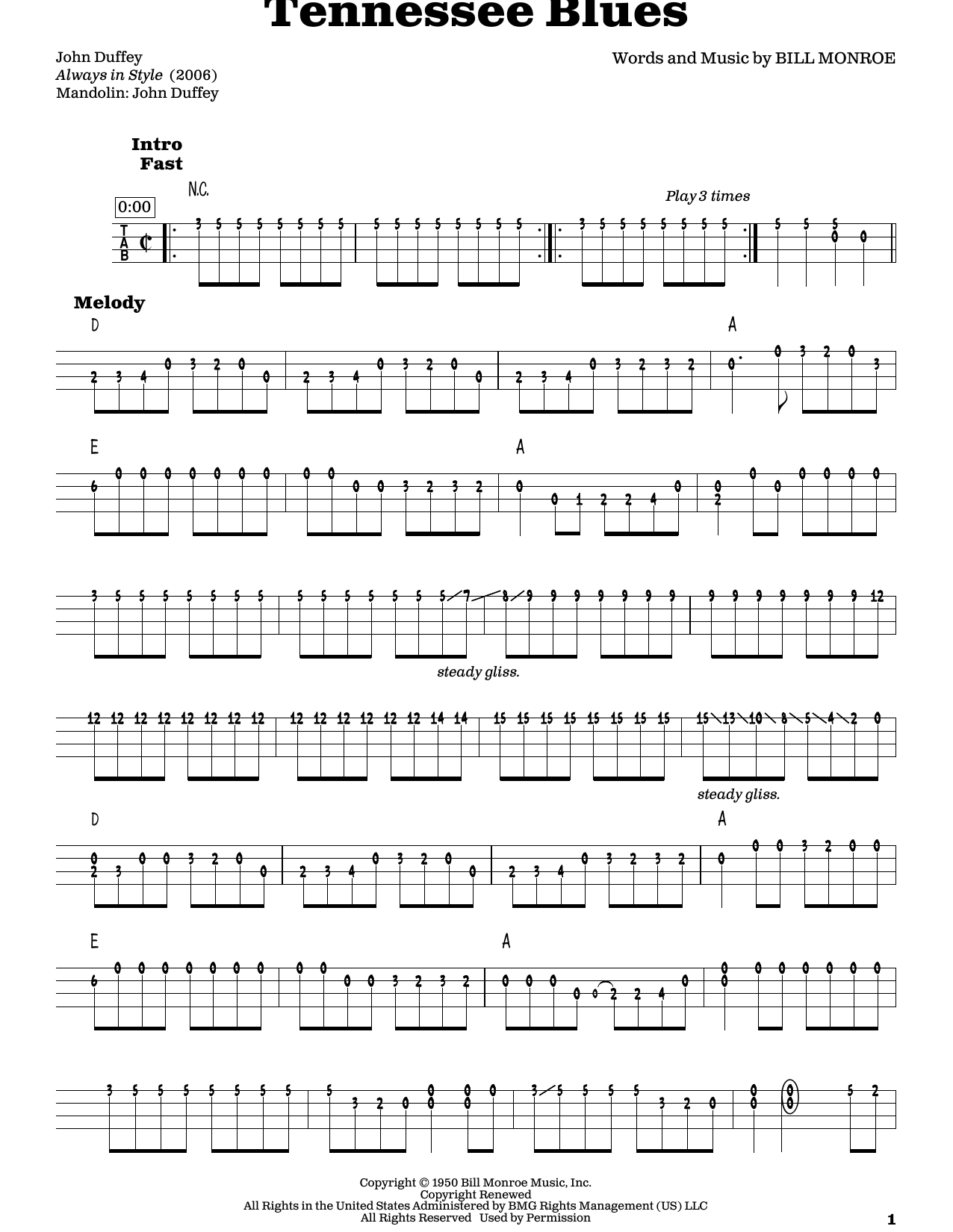 Bill Monroe Tennessee Blues Sheet Music Notes & Chords for Mandolin - Download or Print PDF