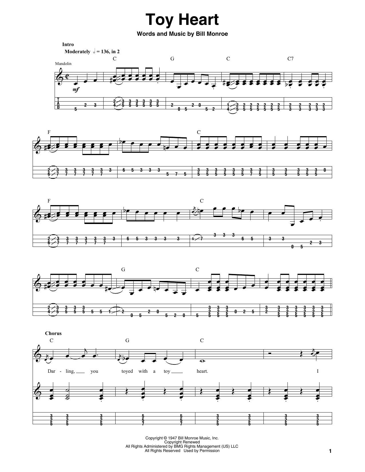 Bill Monroe Toy Heart Sheet Music Notes & Chords for Mandolin Tab - Download or Print PDF