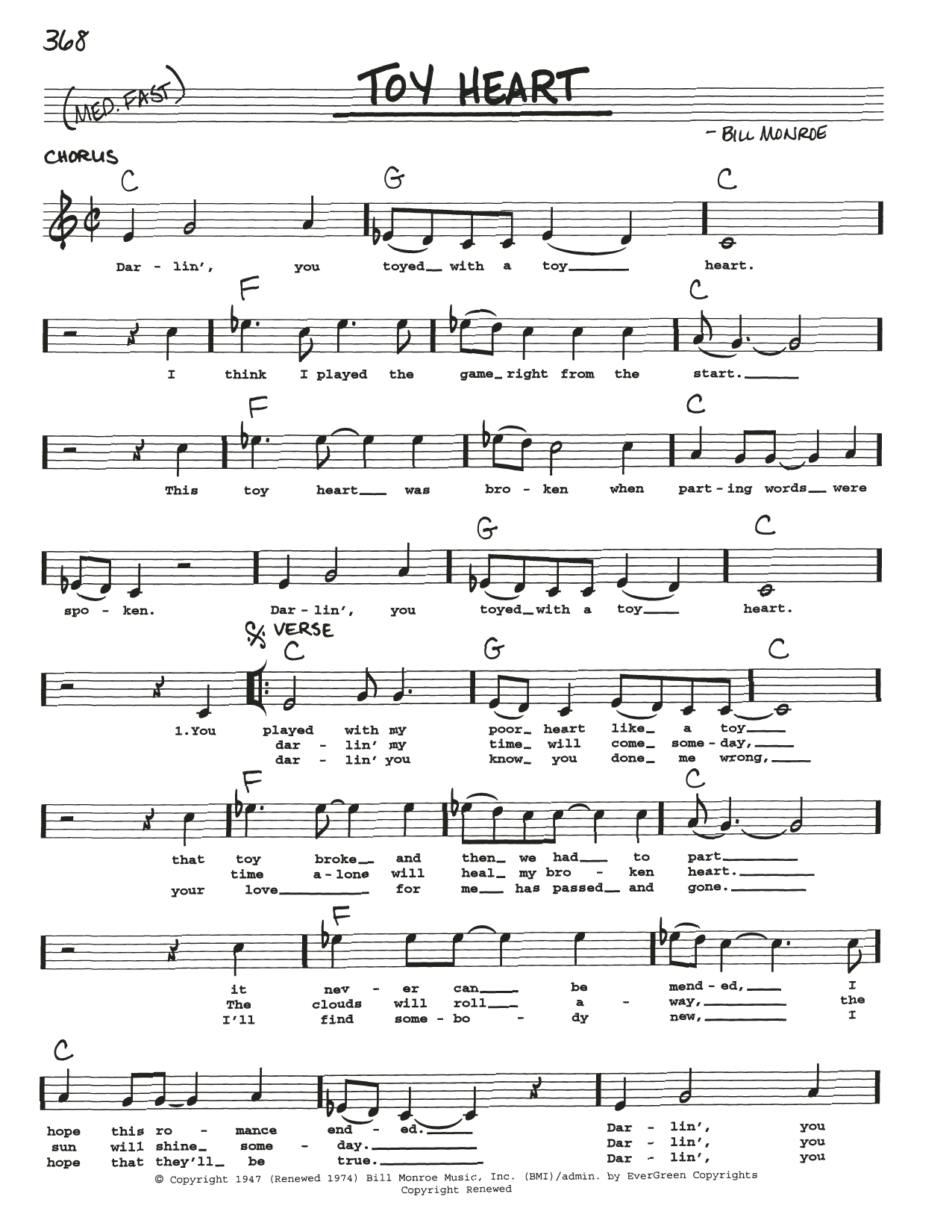 Bill Monroe Toy Heart Sheet Music Notes & Chords for Real Book – Melody, Lyrics & Chords - Download or Print PDF