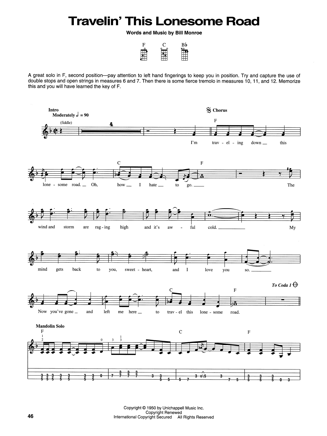 Bill Monroe Travelin' This Lonesome Road Sheet Music Notes & Chords for Mandolin - Download or Print PDF