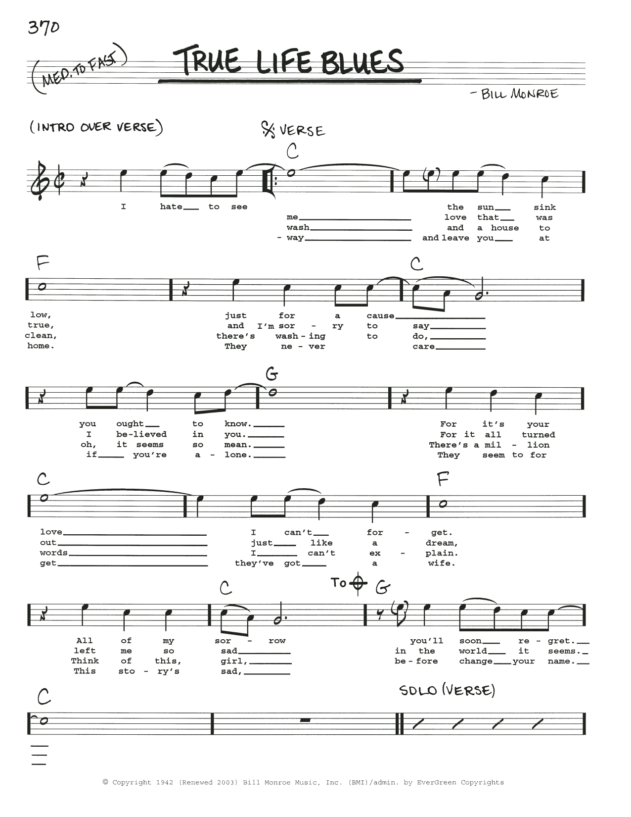 Bill Monroe True Life Blues Sheet Music Notes & Chords for Real Book – Melody, Lyrics & Chords - Download or Print PDF