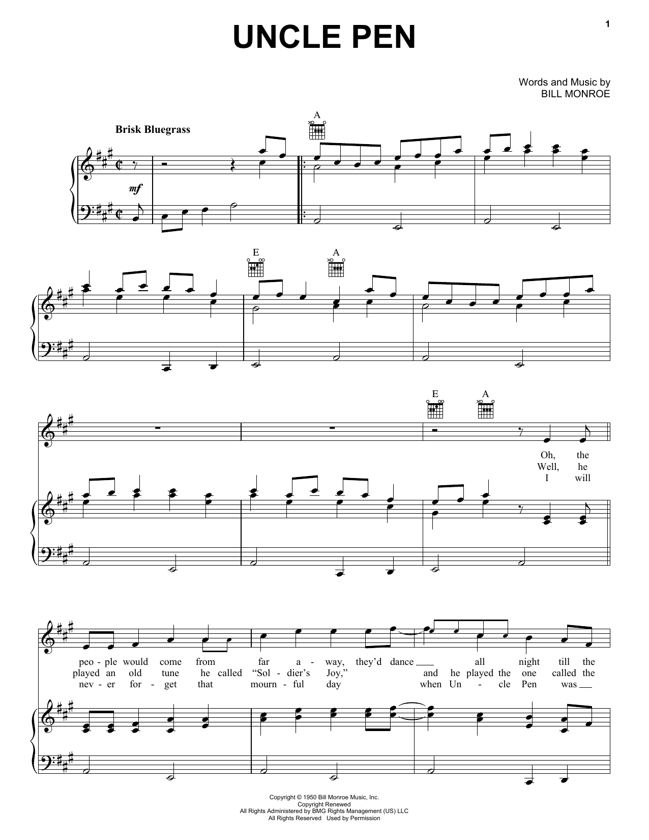 Bill Monroe Uncle Pen Sheet Music Notes & Chords for Lyrics & Chords - Download or Print PDF