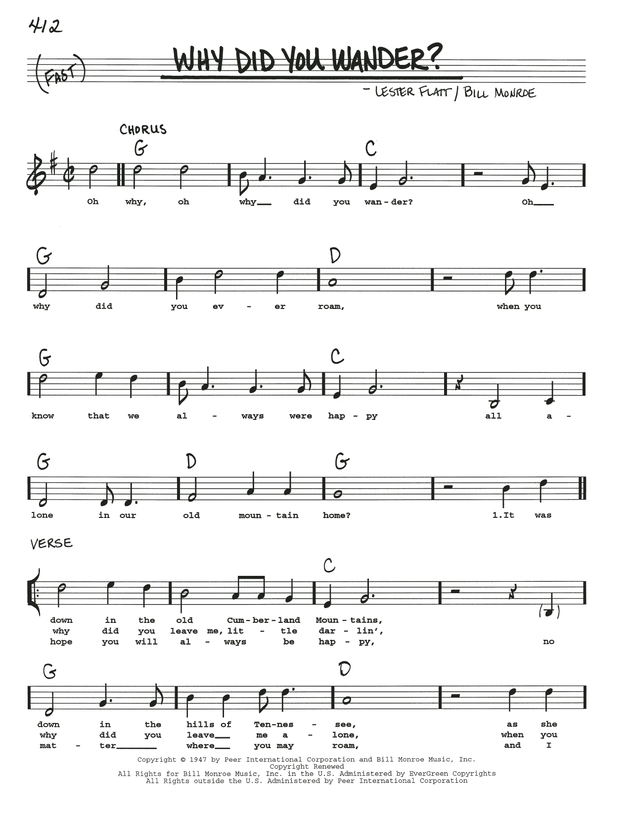 Bill Monroe Why Did You Wander? Sheet Music Notes & Chords for Real Book – Melody, Lyrics & Chords - Download or Print PDF