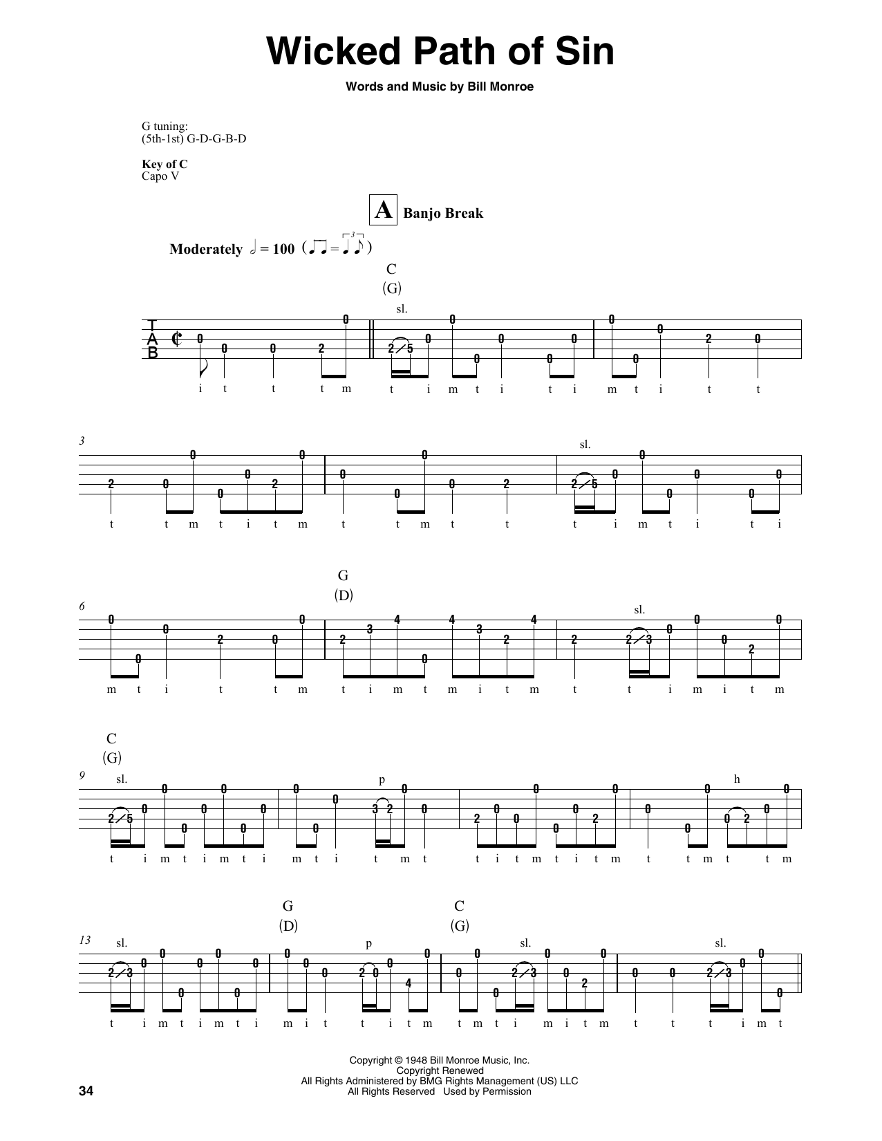 Bill Monroe Wicked Path Of Sin Sheet Music Notes & Chords for Banjo - Download or Print PDF