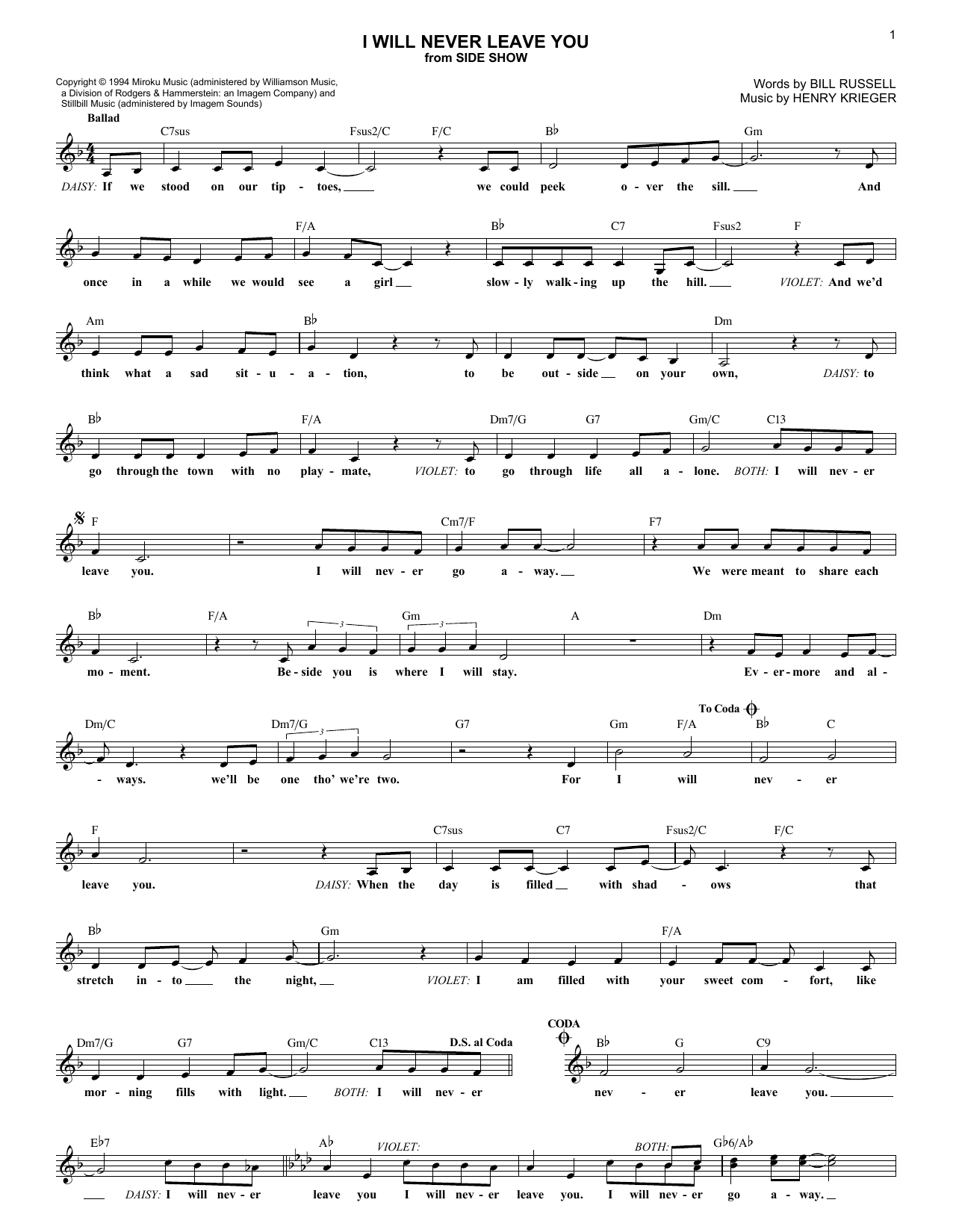 Bill Russell I Will Never Leave You Sheet Music Notes & Chords for Melody Line, Lyrics & Chords - Download or Print PDF