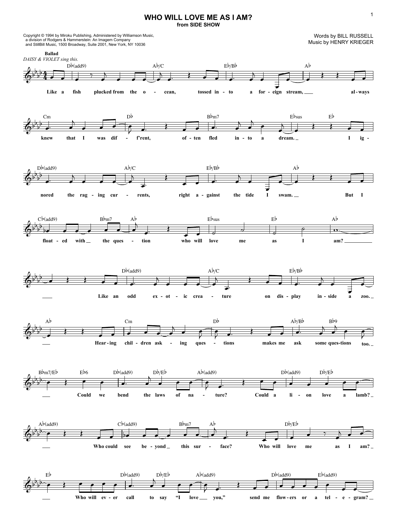 Bill Russell Who Will Love Me As I Am? Sheet Music Notes & Chords for Melody Line, Lyrics & Chords - Download or Print PDF