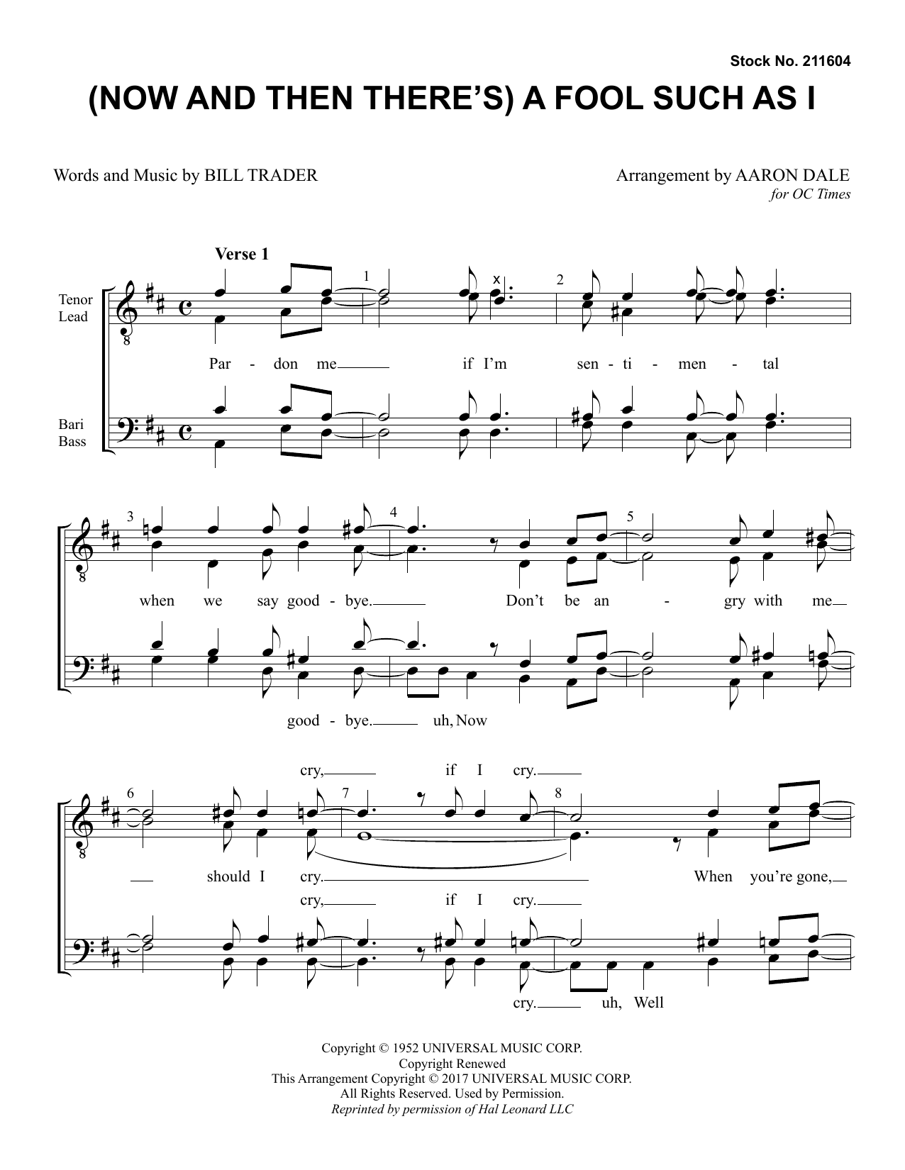 Bill Trader (Now And Then There's) A Fool Such As I (arr. Aaron Dale) Sheet Music Notes & Chords for TTBB Choir - Download or Print PDF
