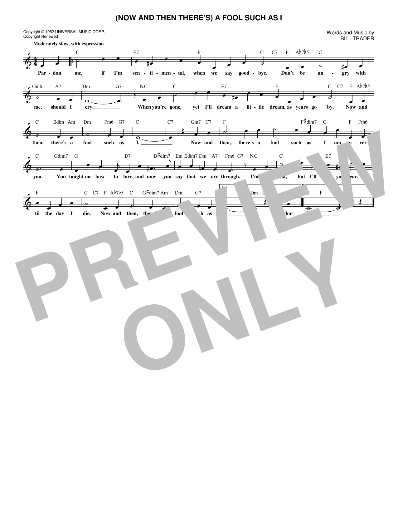 Bill Trader (Now And Then There's) A Fool Such As I Sheet Music Notes & Chords for Melody Line, Lyrics & Chords - Download or Print PDF