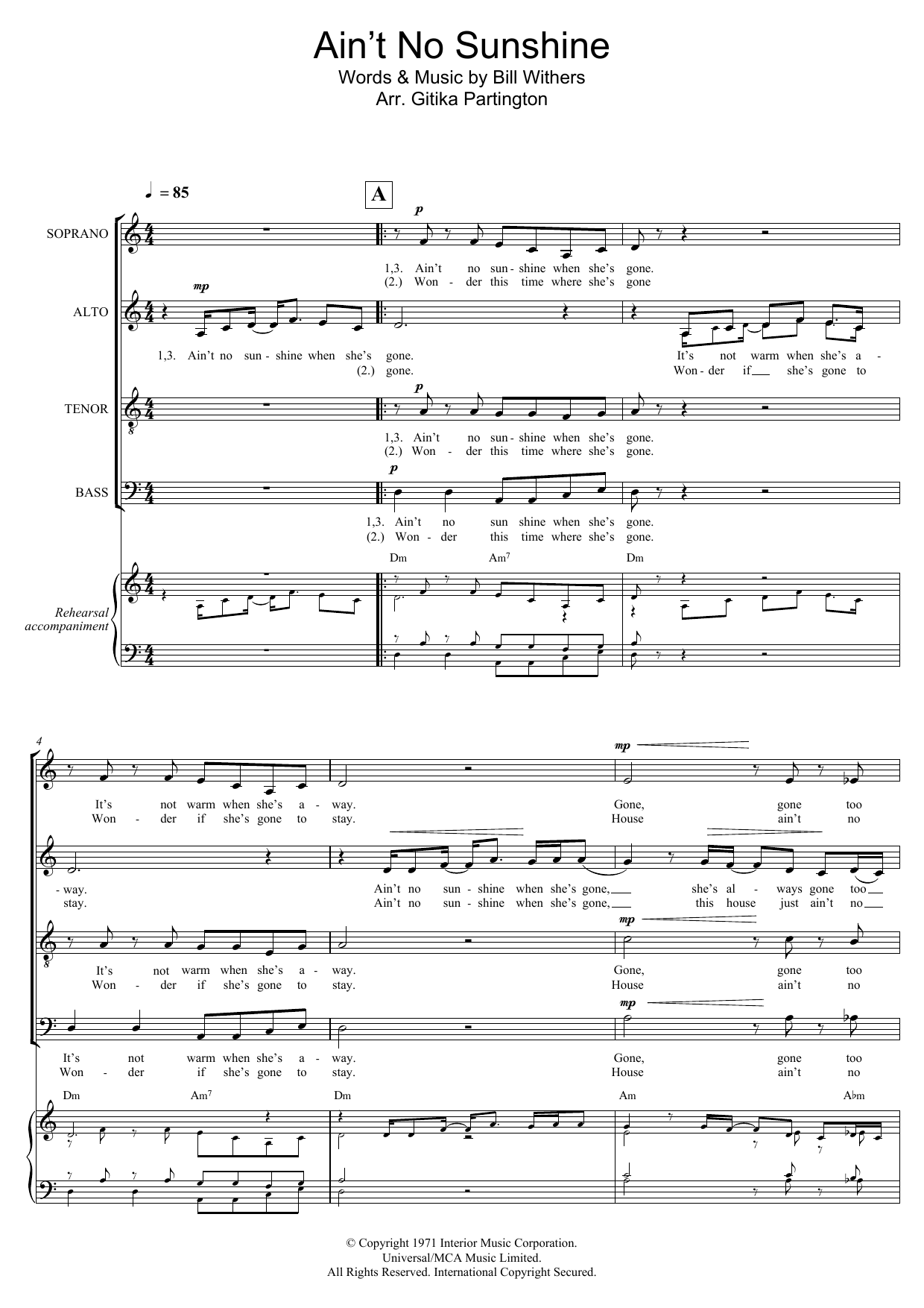 Bill Withers Ain't No Sunshine (arr. Gitika Partington) Sheet Music Notes & Chords for SATB - Download or Print PDF