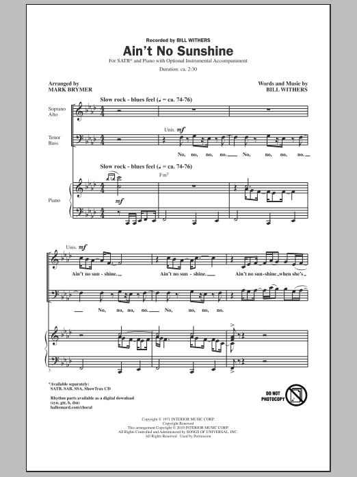 Bill Withers Ain't No Sunshine (arr. Mark Brymer) Sheet Music Notes & Chords for SATB - Download or Print PDF