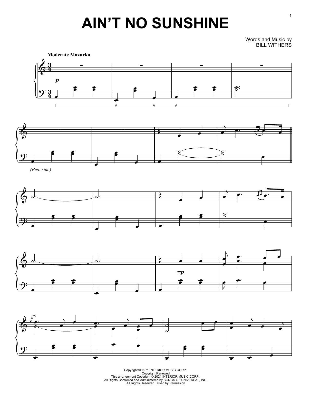 Bill Withers Ain't No Sunshine [Classical version] Sheet Music Notes & Chords for Piano Solo - Download or Print PDF