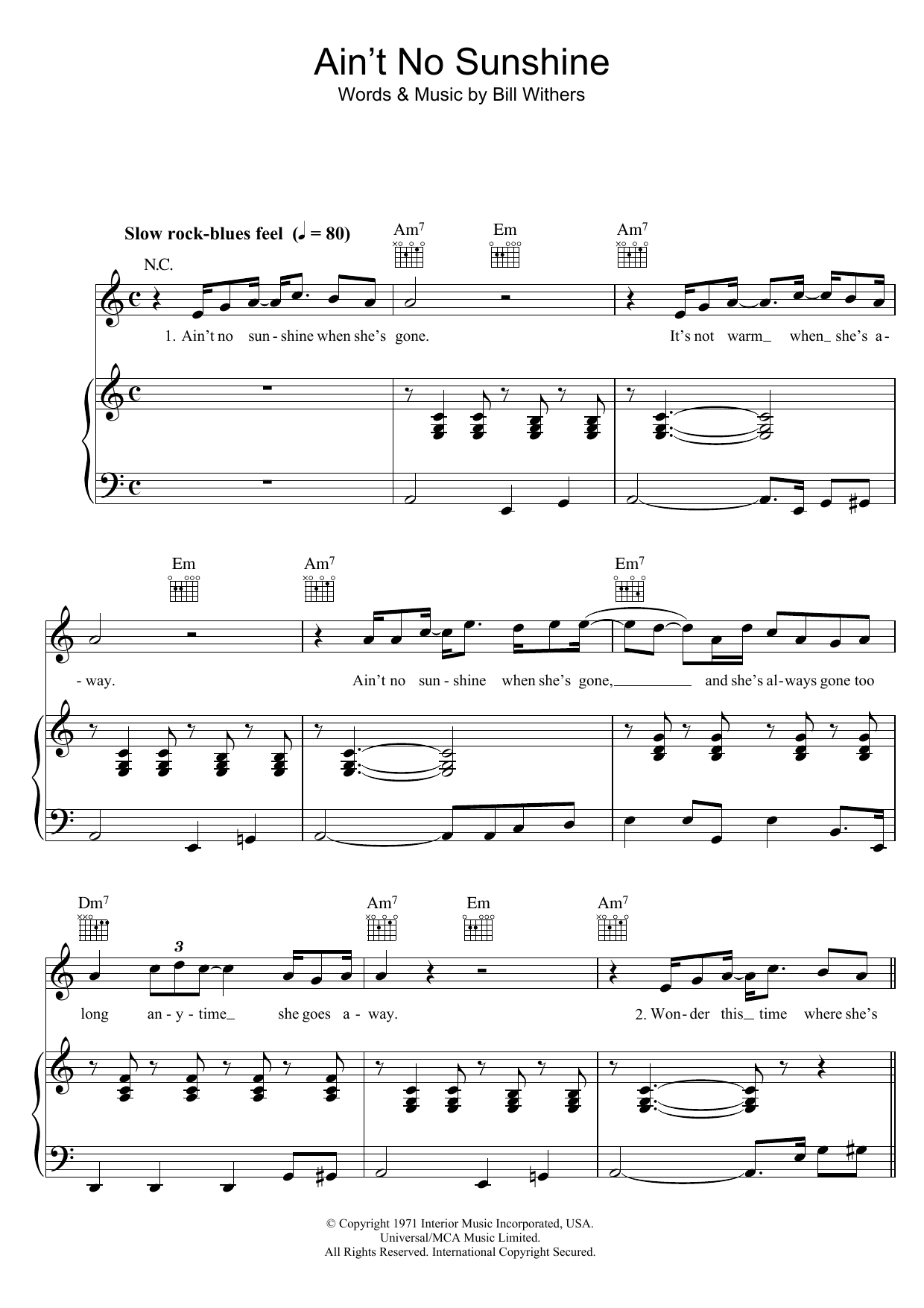 Bill Withers Ain't No Sunshine Sheet Music Notes & Chords for Really Easy Piano - Download or Print PDF