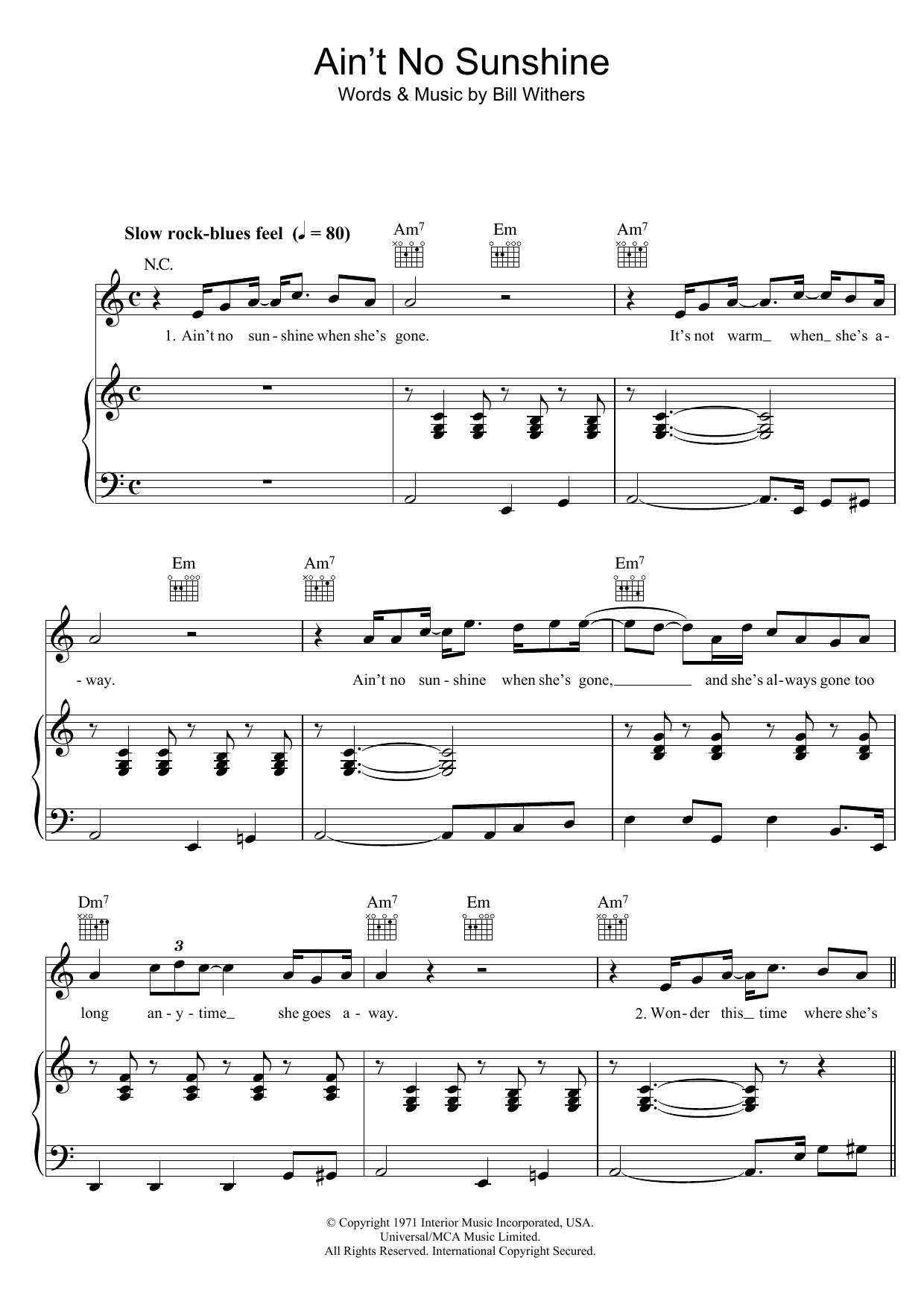 Bill Withers Ain't No Sunshine Sheet Music Notes & Chords for Piano & Vocal - Download or Print PDF
