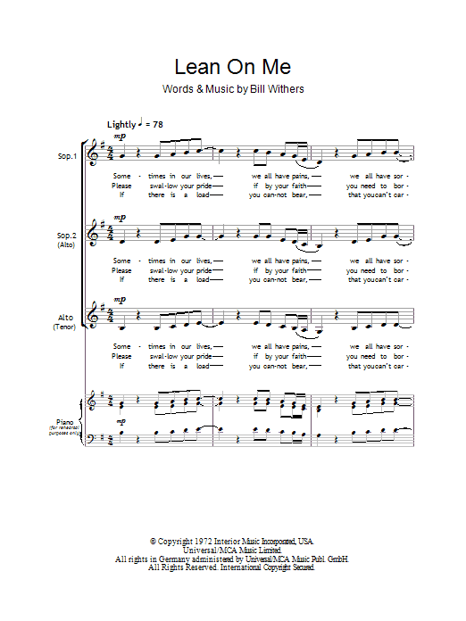 Bill Withers Lean On Me (arr. Barrie Carson Turner) Sheet Music Notes & Chords for SSA - Download or Print PDF