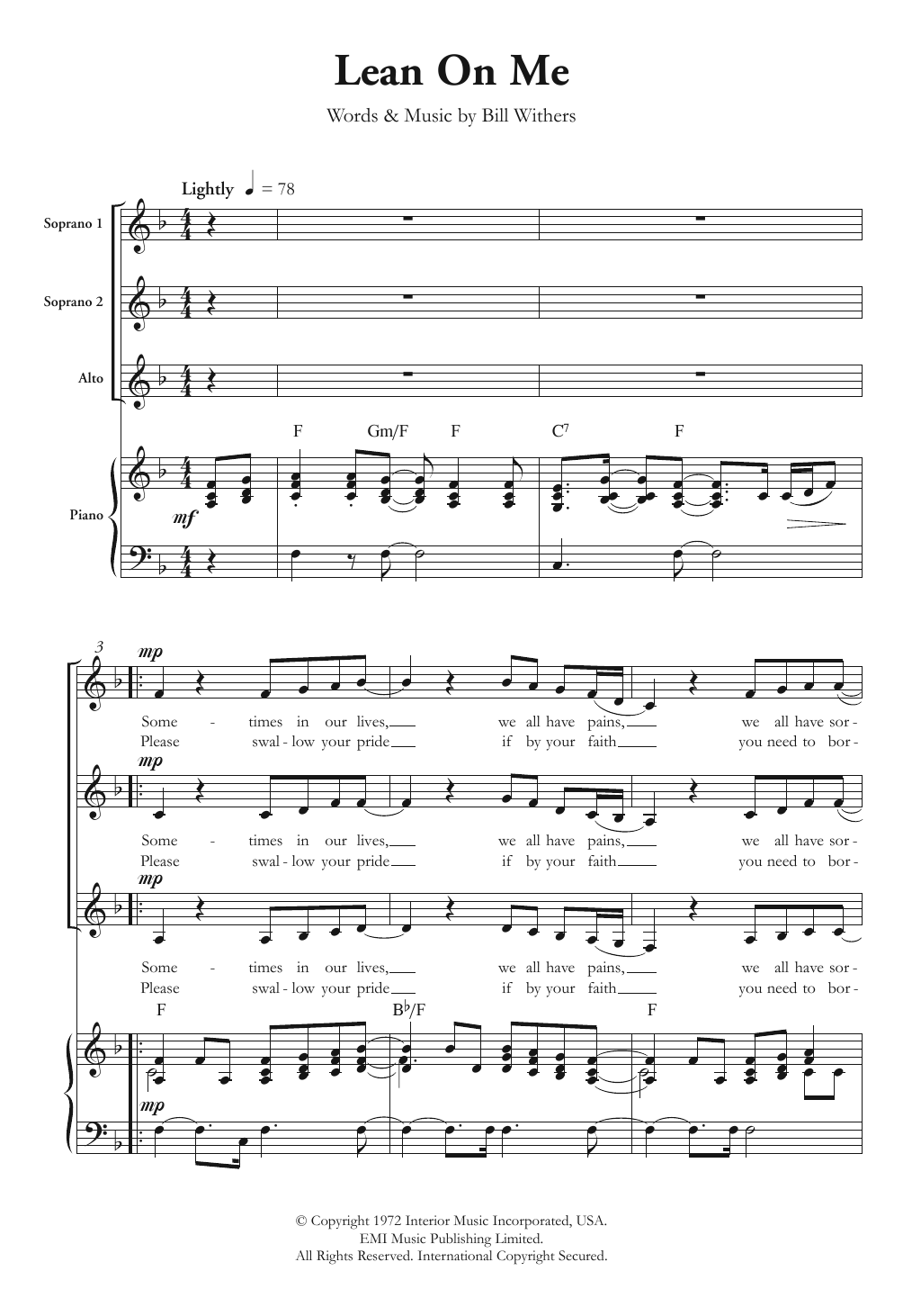 Bill Withers Lean On Me (arr. Berty Rice) Sheet Music Notes & Chords for Choir - Download or Print PDF