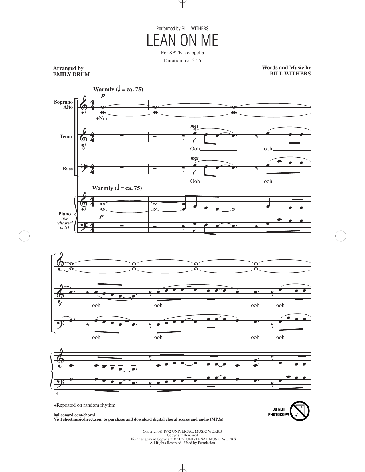 Bill Withers Lean On Me (arr. Emily Drum) Sheet Music Notes & Chords for SATB Choir - Download or Print PDF