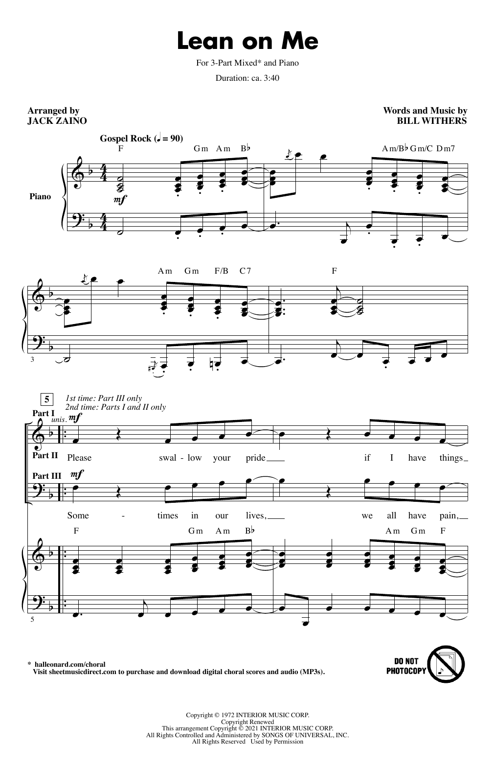Bill Withers Lean On Me (arr. Jack Zaino) Sheet Music Notes & Chords for 3-Part Mixed Choir - Download or Print PDF