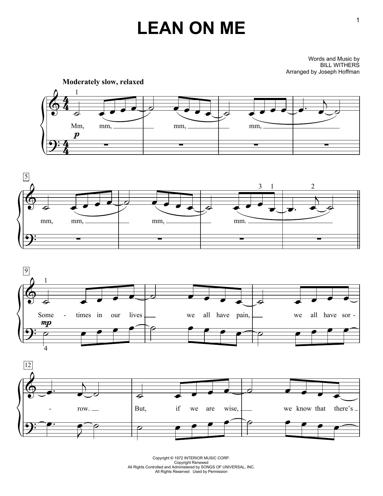 Bill Withers Lean On Me (arr. Joseph Hoffman) Sheet Music Notes & Chords for Easy Piano - Download or Print PDF