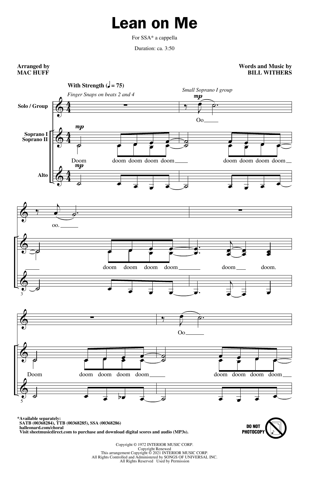 Bill Withers Lean On Me (arr. Mac Huff) Sheet Music Notes & Chords for TTB Choir - Download or Print PDF