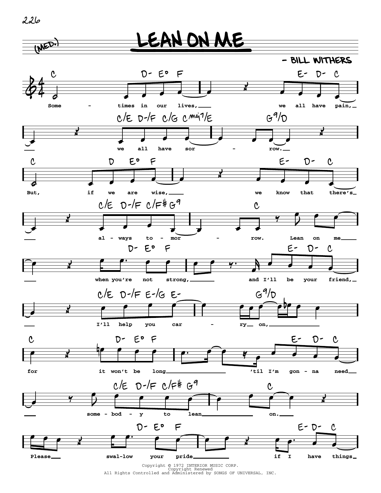 Bill Withers Lean On Me (High Voice) Sheet Music Notes & Chords for Real Book – Melody, Lyrics & Chords - Download or Print PDF