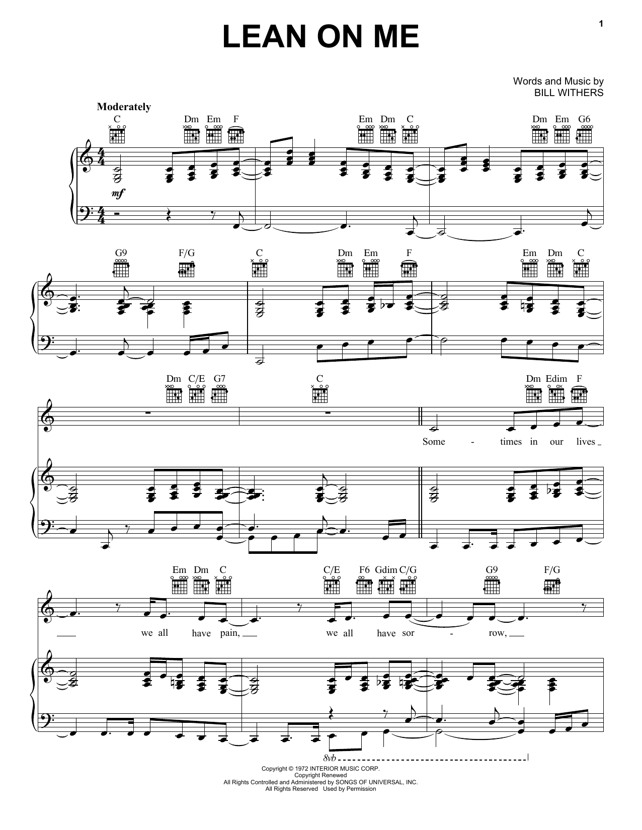 Bill Withers Lean On Me Sheet Music Notes & Chords for Keyboard Transcription - Download or Print PDF