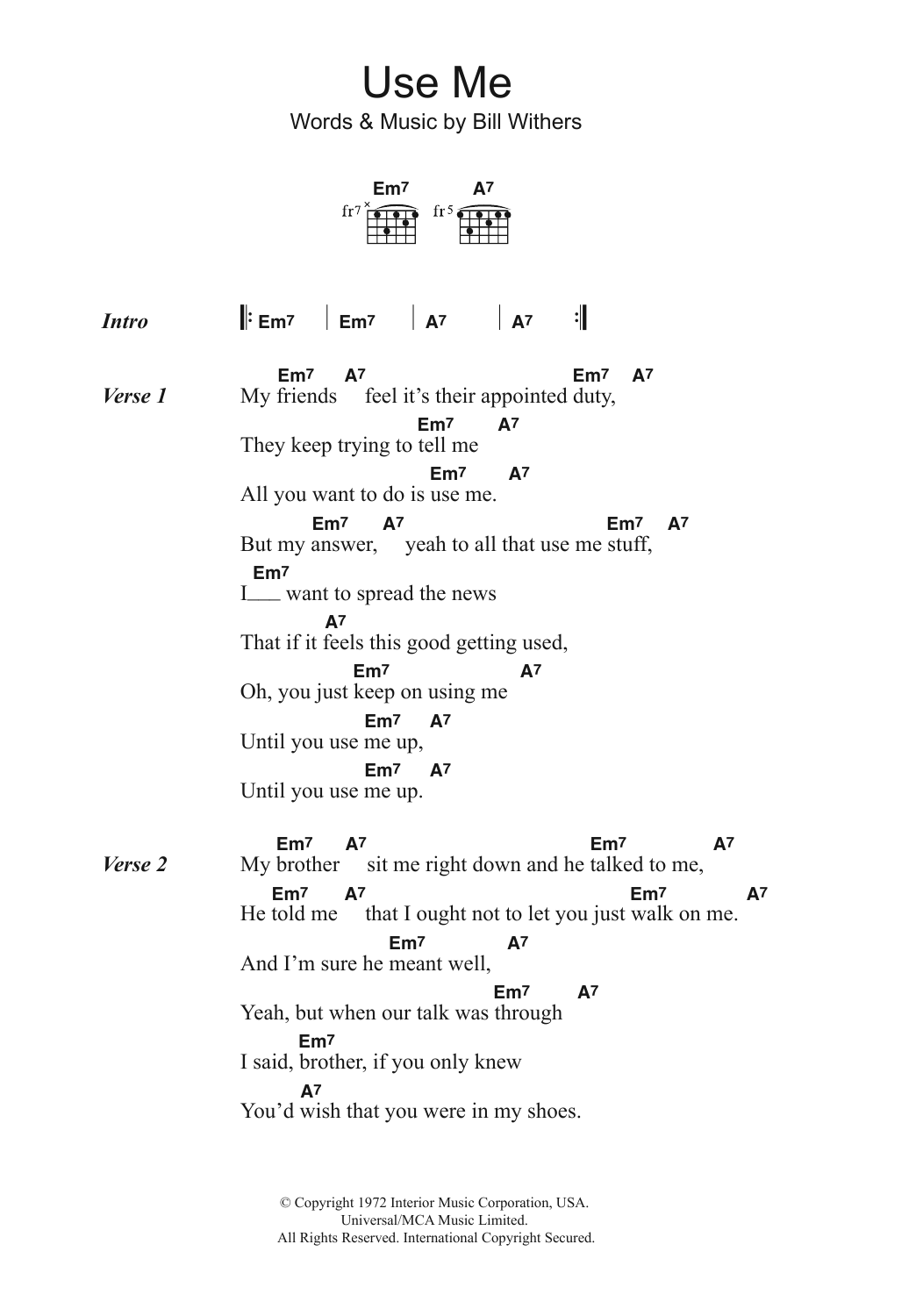 Bill Withers Use Me Sheet Music Notes & Chords for Lyrics & Chords - Download or Print PDF