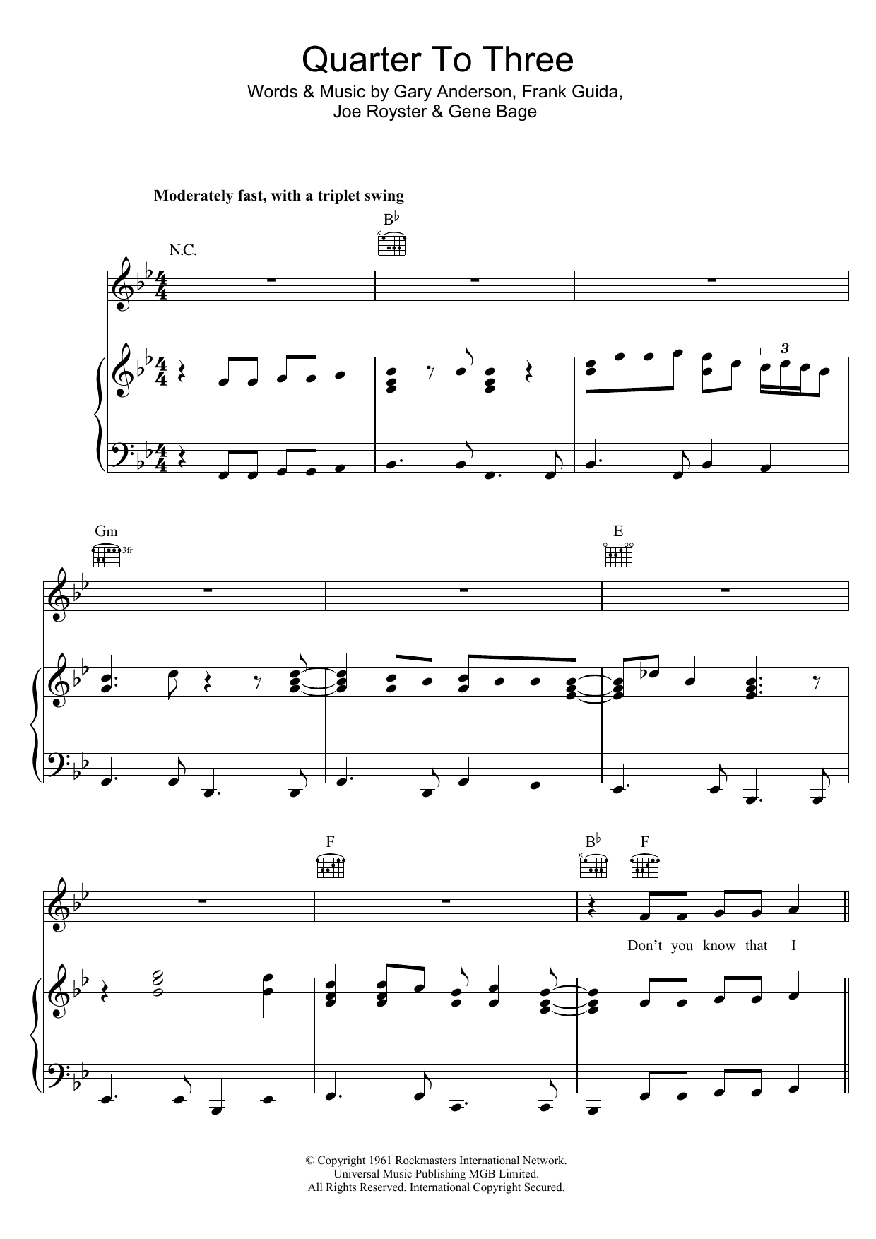 Bill Wyman Quarter To Three Sheet Music Notes & Chords for Piano, Vocal & Guitar (Right-Hand Melody) - Download or Print PDF
