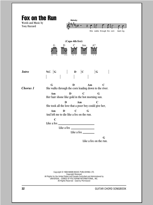 Preview Bill Emerson Fox On The Run Folk sheet music, notes and chords for Lyrics & Chords, SKU: 93795 Fox On The Run sheet music